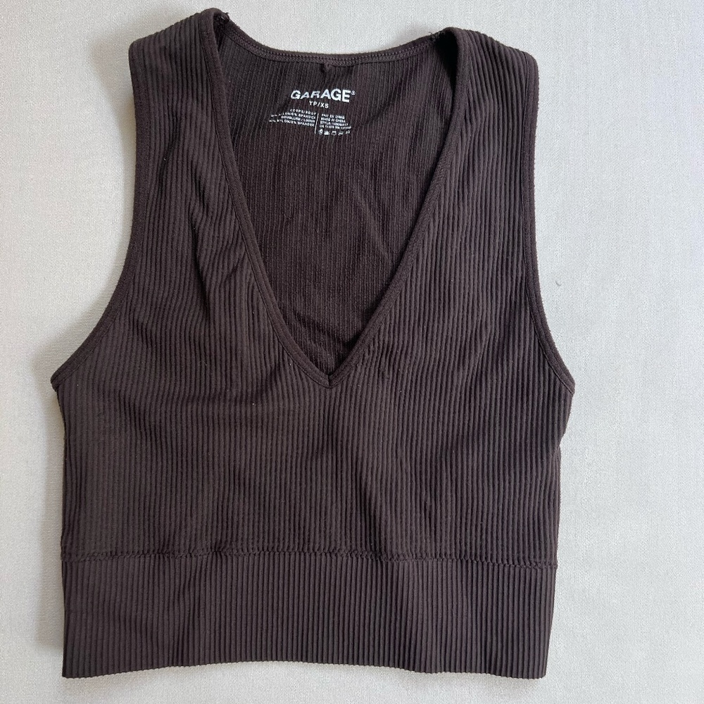GARAGE Brown Ribbed Tank Top Deep v-neck Cropped Size XS
